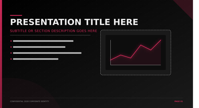 Modern dark business presentation slide template, corporate dashboard with line graph and bullet points, professional data visualization vector