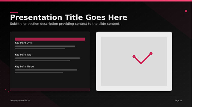 Modern dark presentation slide template, corporate business pitch deck layout with pink accents, professional infographic vector design for data visualization