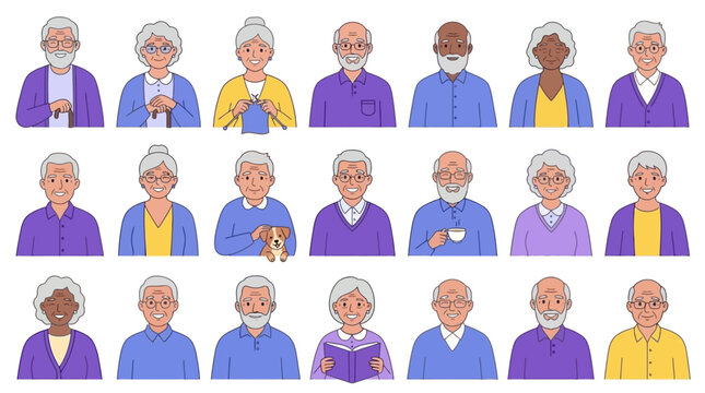 Collection of Smiling Elderly Avatars Featuring Various Senior Men and Women Portraits Cheerful Retired Character Set Isolated on a Clean White Background