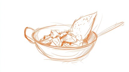 Obraz premium Line drawing of food in a pan, with a bread piece