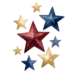 Obraz premium Hand painted watercolor illustration set of decorative red blue and gold stars isolated on white background 4th of July Independence Day patriotic holiday clip art graphic design elements