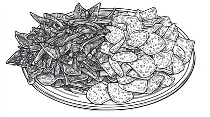 Fototapeta premium Black and white illustration of a plate piled high with two types of crisps/chips