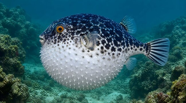 Inflated porcupinefish swimming over a coral reef in blue ocean water.