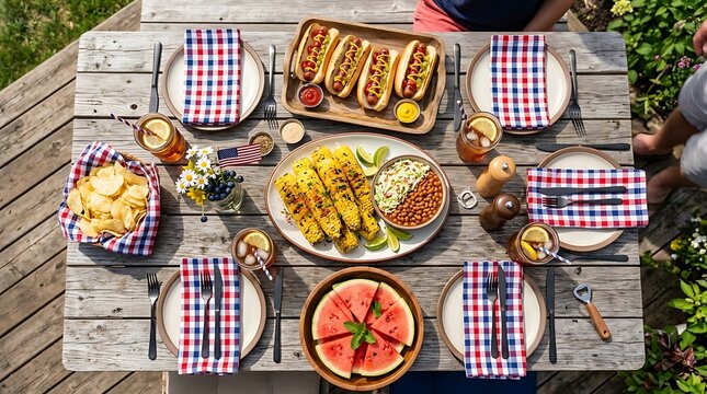 Family enjoys BBQ on Independence Day with watermelon and hotdogs