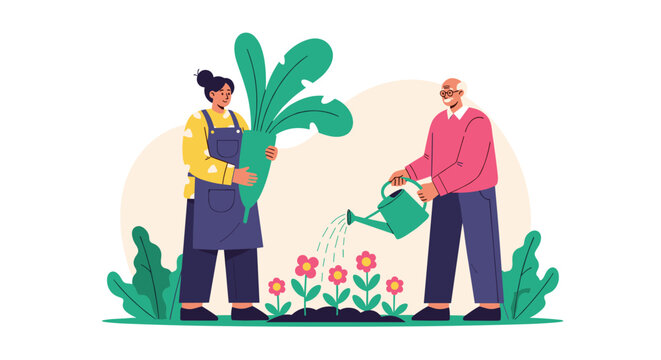 Young female volunteer and an elderly man working together in a garden, watering flowers and holding a large plant.