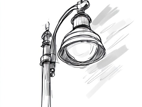 Sketch of a classical street light with a curved arm and bright, lit bulb