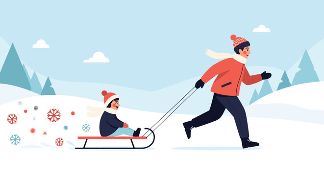 Father joyfully pulling his young son on a red sled through a snowy winter landscape with pine trees and snowflakes.