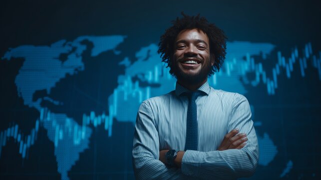 Analyst smiling at rising international stock indices AI technology concept
