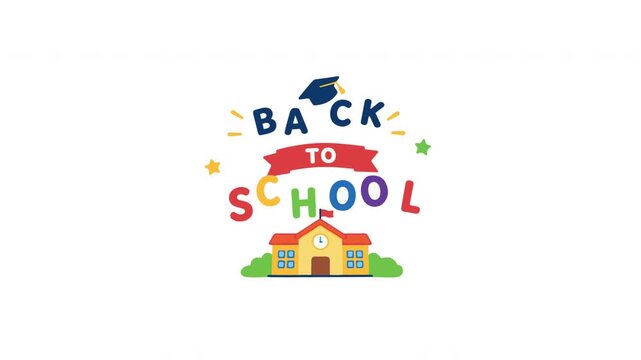 Animated back to school title with graduation cap and schoolhouse
