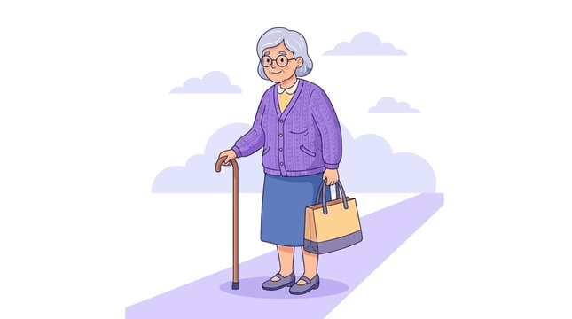 Senior grandmother wearing optical glasses holding a walking cane and handbag. Elderly female character standing with mobility aid and purse. Flat vector graphic illustration of aged person.