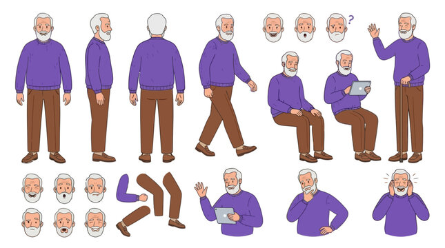 Comprehensive Elderly Grandfather Character Animation Kit Featuring Various Poses Views Expressive Gestures and Diverse Emotions for Senior Male Vector Flat Illustration Design Assets
