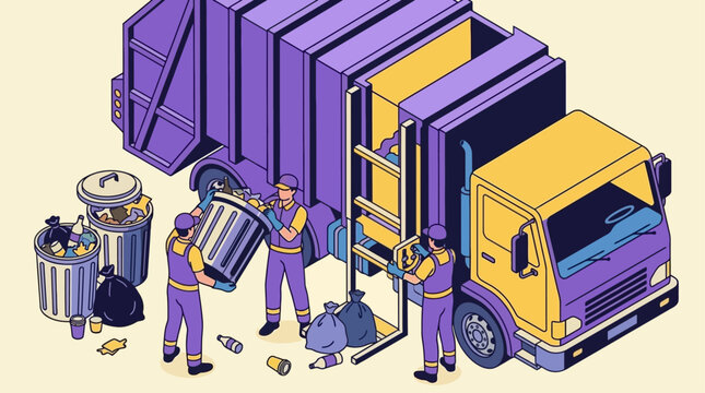 Sanitation workers emptying waste containers into a professional garbage truck, urban refuse management crew collecting domestic trash on city street, industrial utility disposal service.