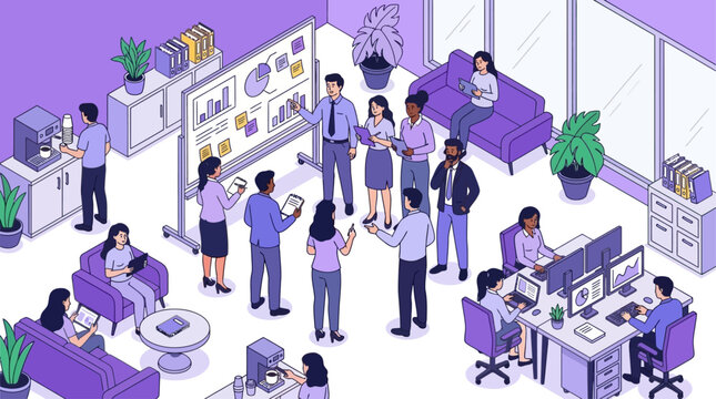 Professional flat vector illustration depicting diverse corporate employees standing in a modern workspace environment discussing collaborative projects, business strategies, and task management.
