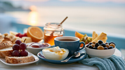 Fototapeta premium Mediterranes Frühstück im Urlaub auf Tisch. Im Hintergrund sieht man das Meer