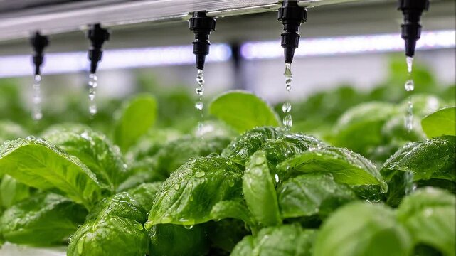 Indoor sustainable farming hydroponic basil plant irrigation drip with fresh water droplets on green leaves creating controlled vibrant natural growth