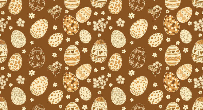 Festive seamless pattern features beautifully decorated easter eggs and small white flowers on a rich chocolate brown background.