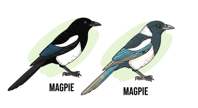 Two magpie birds illustration black and white plumage detailed sketch style wildlife art