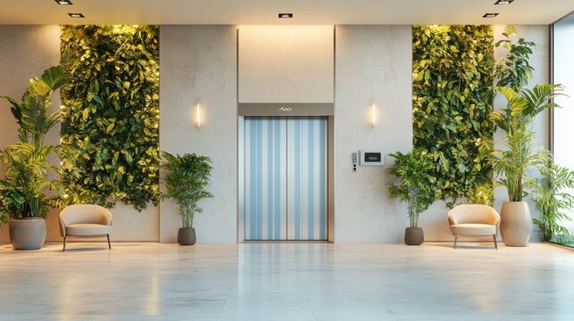 Modern Elevator doors of office or hotel hallway,lemon tree summer season decor santorini style,Lobby interior,scandinavian concept with lift,marble elegant lift for passenger or cargo elevators.
