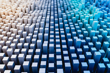 Obraz premium A 3D rendered abstract scene featuring a grid of vertical rectangular blocks with a color gradient from beige to cyan, creating a structured geometric pattern.