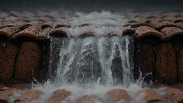 Spring Flowers and Cascading Water Over Terracotta Tiles.