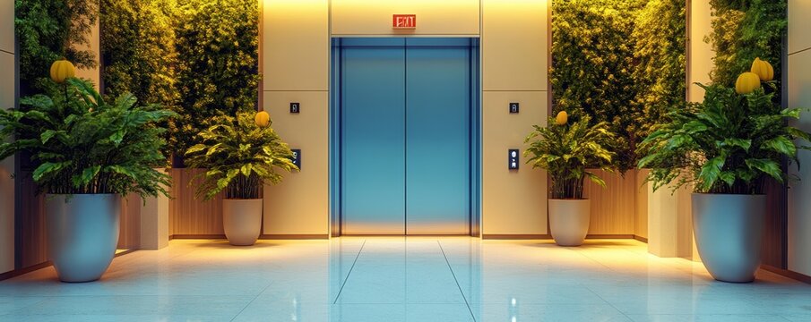 Modern Elevator doors of office or hotel hallway,lemon tree summer season decor santorini style,Lobby interior,scandinavian concept with lift,marble elegant lift for passenger or cargo elevators.