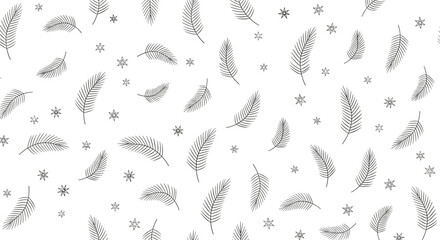 Obraz premium Minimalist seamless pattern features delicate black ink sketches of leaf branches and twinkling stars on a clean white background.
