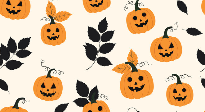 Seamless Halloween pattern features various carved jack-o-lantern pumpkins with different expressions and dark autumn leaves.