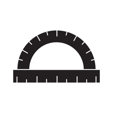 Protractor black solid vector icon. Back to school or geometry lesson concept silhouette illustration of half round ruler for measuring angles.