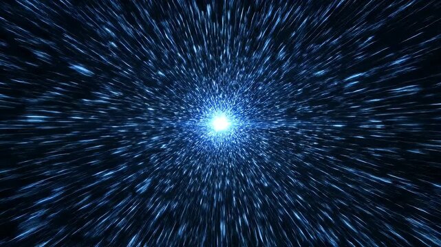Hyperspace Streaks Radiating from Center - This video shows glowing blue streaks radiating outwards from a bright central point, set against a dark background.