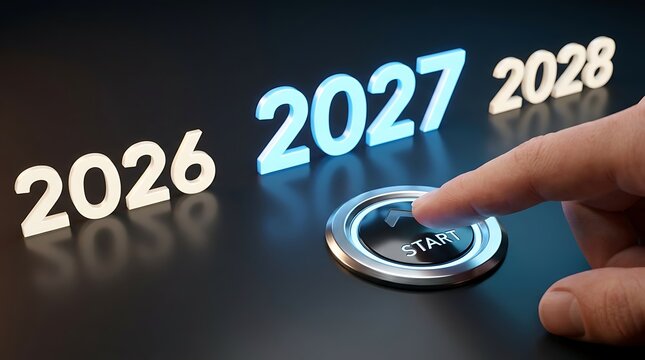 Finger pressing start button with glowing years 2026 2027 2028 in futuristic modern design, concept of beginning new year journey.