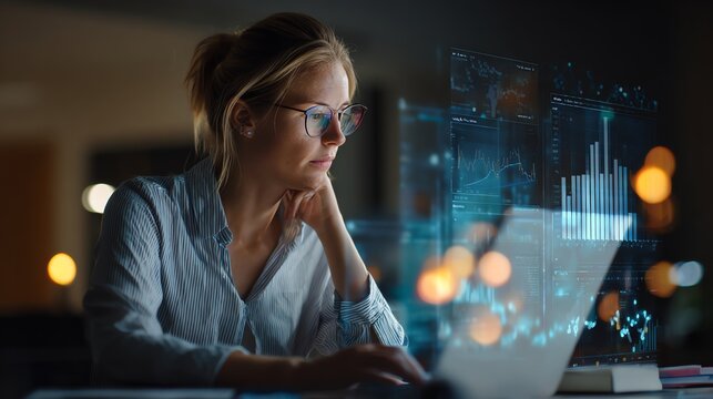 businesswoman reviewing campaign results, laptop dashboard, AI overlay