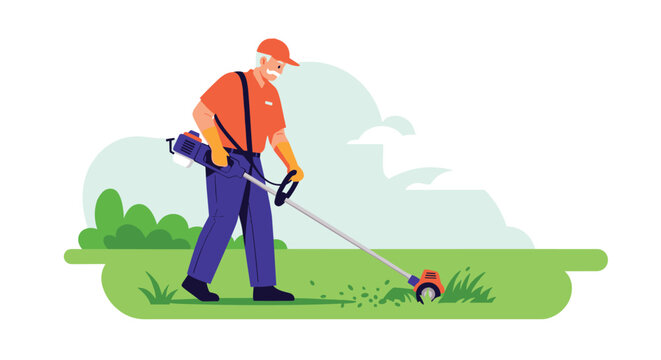 Professional gardener using a power string trimmer to cut tall green grass in an open field under a clear sky for yard maintenance.