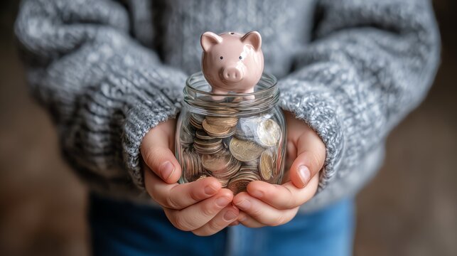 Child holding savings jar representing future economic hopes.