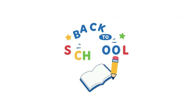 Back to school animation featuring colorful text notebook and pencil