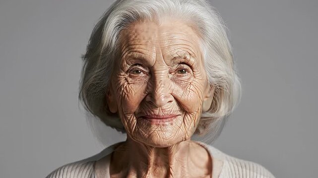 Portrait of confident mature woman with gray hair and natural wrinkles smiling gently on gray background