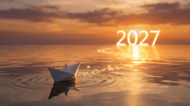 Origami paper boat on gentle water ripples leaving trail of sparkles towards bright glowing 2027 year symbolizing new adventure dreams fulfillment.
