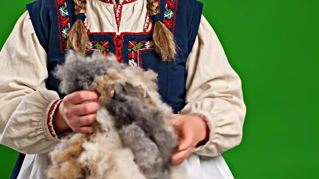 Hands processing natural wool fibers with traditional clothing in studio lighting for craft projects