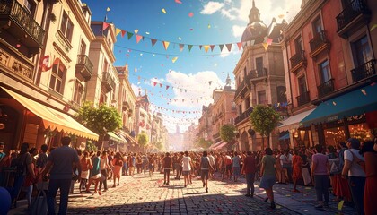 Fototapeta premium A vibrant street festival in a sunlit European town, packed with people, flags, and joy