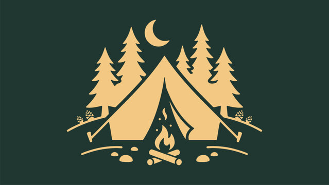 Minimalist forest camping tent vector illustration with campfire and pine trees under crescent moon