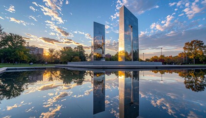 Obraz premium Two tall, reflective, mirrored structures stand beside a pond, reflecting a sunset sky