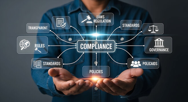 Business compliance concept with regulations laws policies and corporate governance
