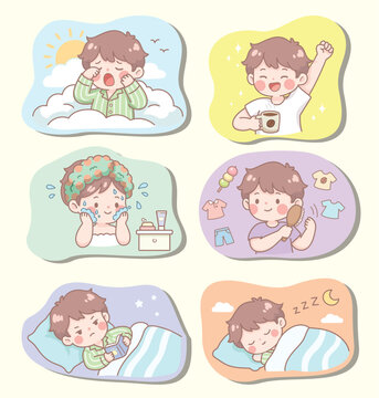 Daily morning and night routine cute boy character sticker set vector