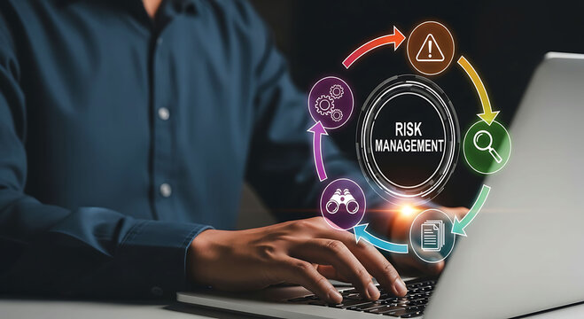 Businessman working on laptop with risk management strategy process icon concept