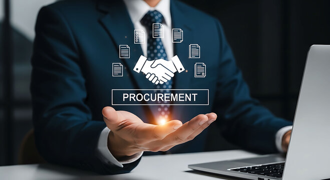 Businessman holding procurement concept icon with handshake and documents over laptop