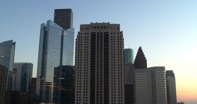 Drone View of Houston Skyline Buildings During Sunset