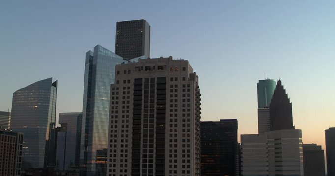Close Aerial View of Downtown Houston Skyscrapers at Blue Hour