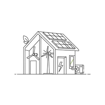 Black and white line drawing of a quaint rural cottage.
