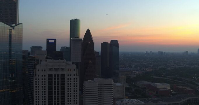 Drone View of Downtown Houston Skyline During Blue Hour