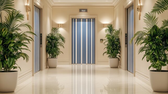 Modern Elevator doors of office or hotel hallway,lemon tree summer season decor santorini style,Lobby interior,scandinavian concept with lift,marble elegant lift for passenger or cargo elevators.