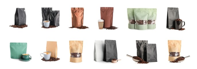 Coffee packaging mockup collection with beans and cups, blank stand-up pouches for product branding...